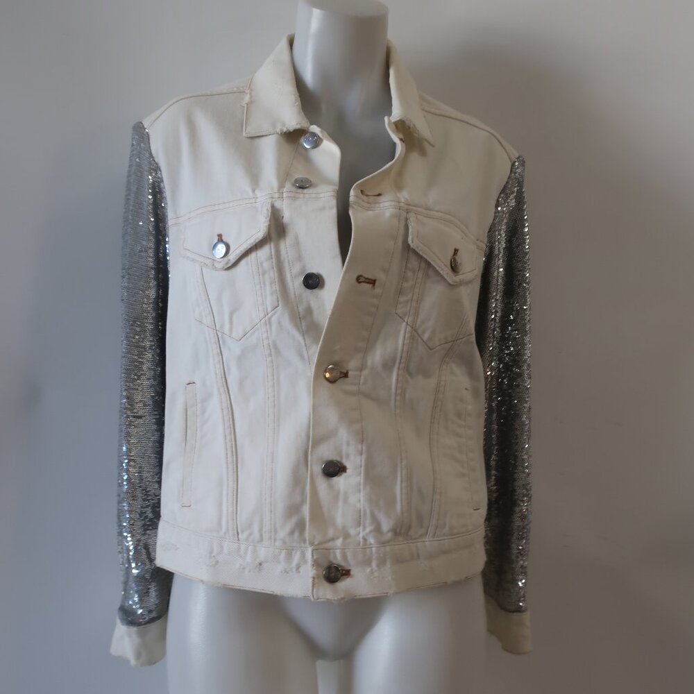 Women Iro Nanopo Rare White Silver Sequined Denim Button-Up Jacket 36 US/S - Picture 5 of 12